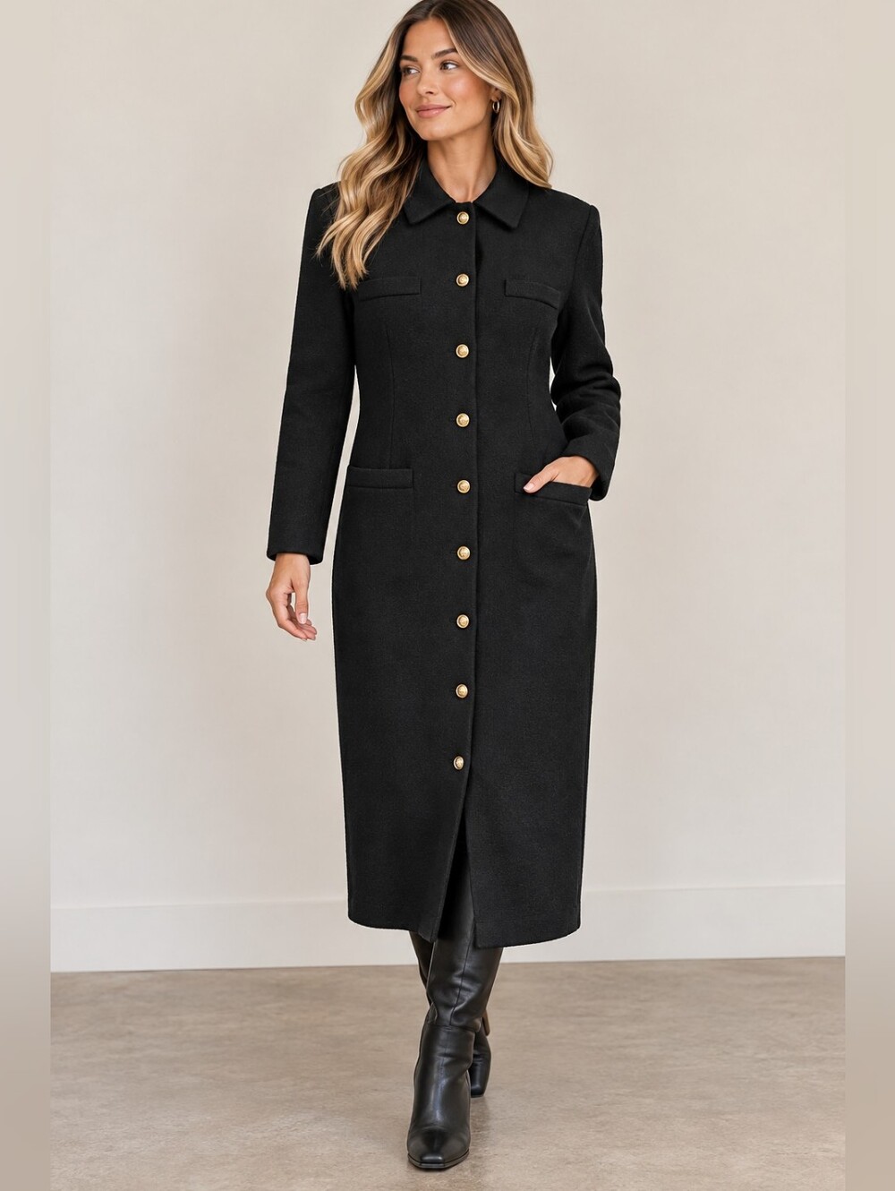 Vintage Ports International Black 100% Wool Long Coat